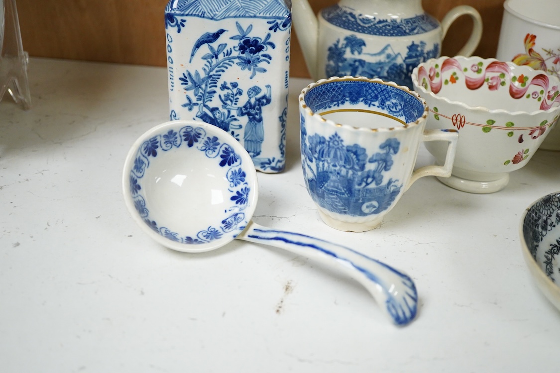 A group of late 18th century cream ware including a tea caddy a slops bowl, a tea bowl and saucer etc. and various 19th-century porcelain and pottery, blue and white tea caddy, 12cm high.